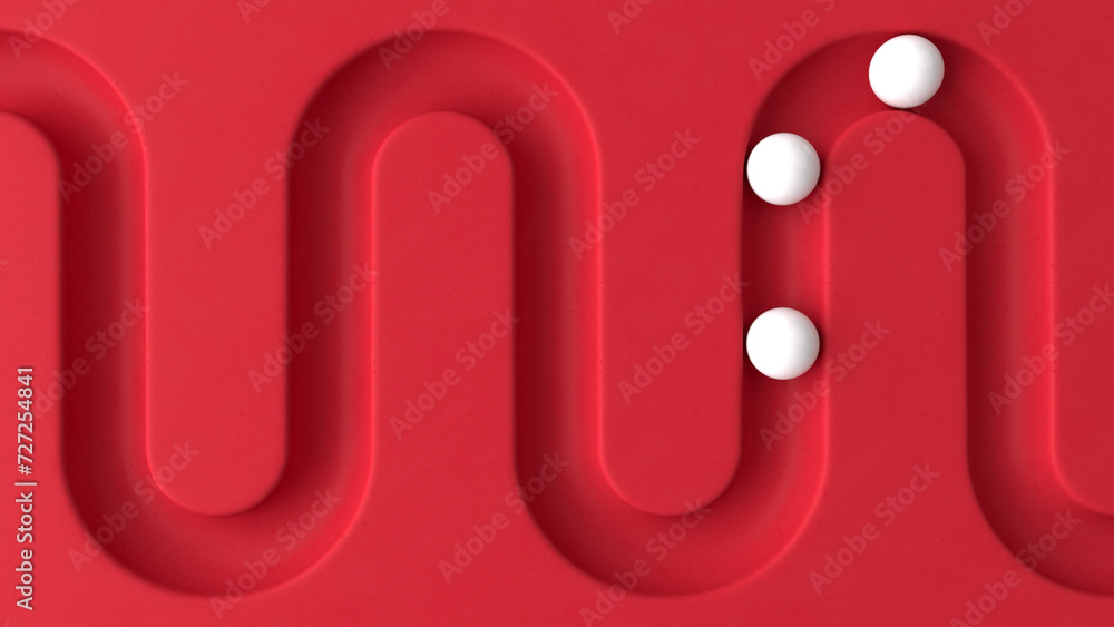 Poster white balls rolling in geometry deepening. smooth light, realistic dynamic. 3d rendering