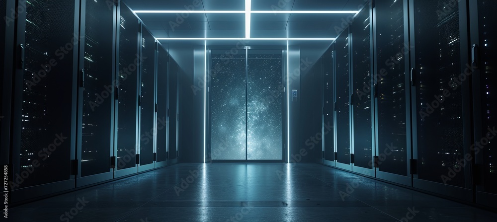 Aufkleber dynamic server room backdrop with network cables and lights, technology concept with copy space