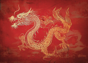 Chinese gold dragon in red on a red background for Chinese New Year, Chinese auspicious symbol