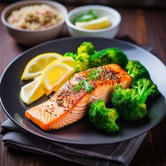 Stock image of a plate of grilled salmon served with quinoa and steamed vegetables, a healthy balanced meal Generative AI