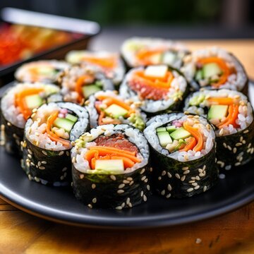 Stock image of a plate of colorful vegetable sushi rolls, nutritious and delicious Japanese cuisine Generative AI
