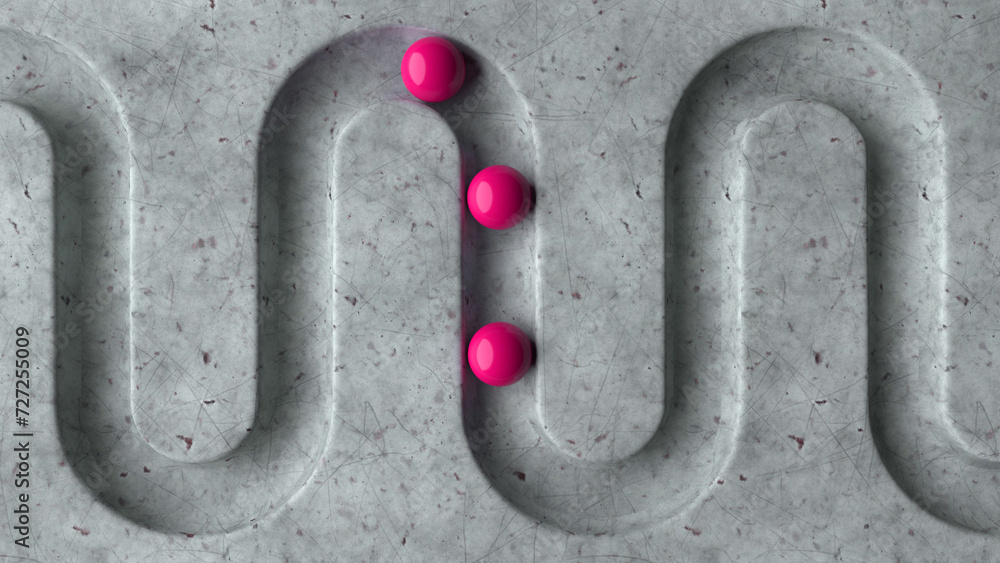 Poster pink balls in geometry deepening on a marble 3d background. smooth light, realistic graphics. 3d ren