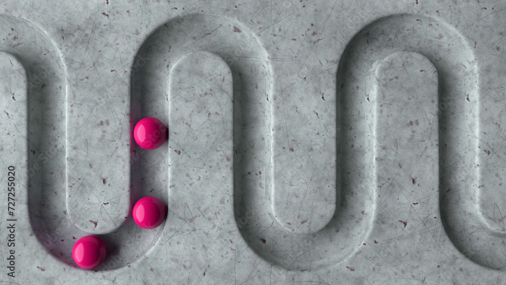 Poster pink balls in geometry deepening on a marble 3d background. smooth light, realistic graphics. 3d ren