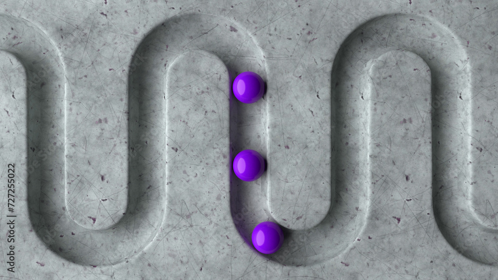 Poster purple balls in geometry deepening on a marble 3d background. smooth light, realistic graphics. 3d r