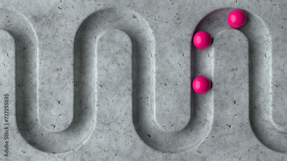 Poster pink balls in geometry deepening on a marble 3d background. smooth light, realistic graphics. 3d ren