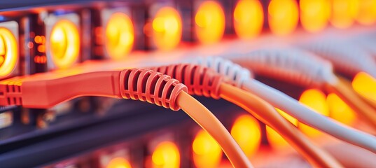 Dynamic server room backdrop with network cables and lights, dramatic composition with copy space