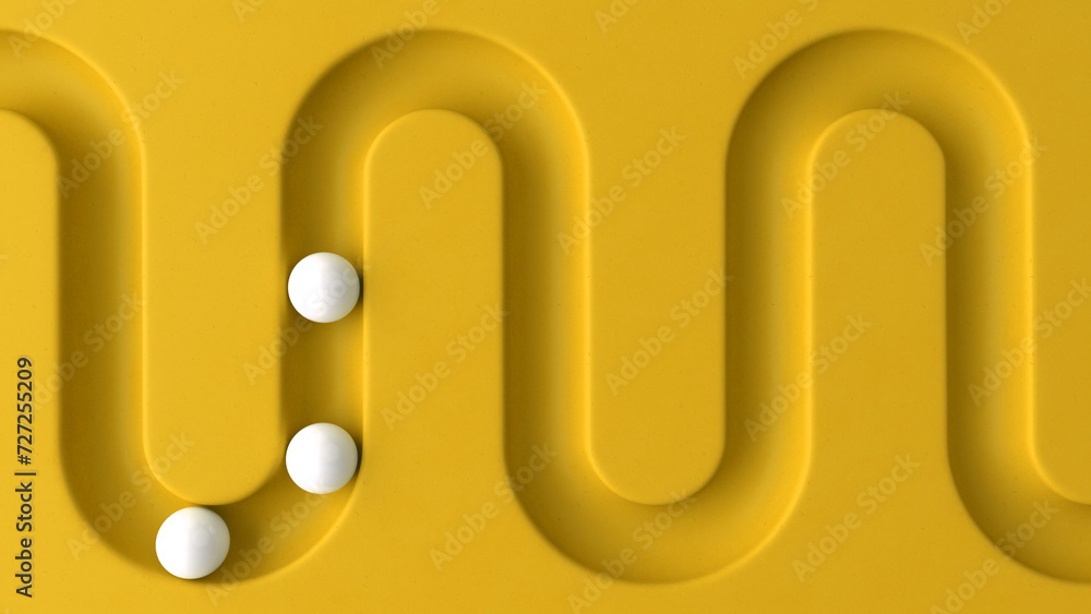 Poster white balls rolling in geometry deepening. smooth light, realistic graphics. 3d rendering