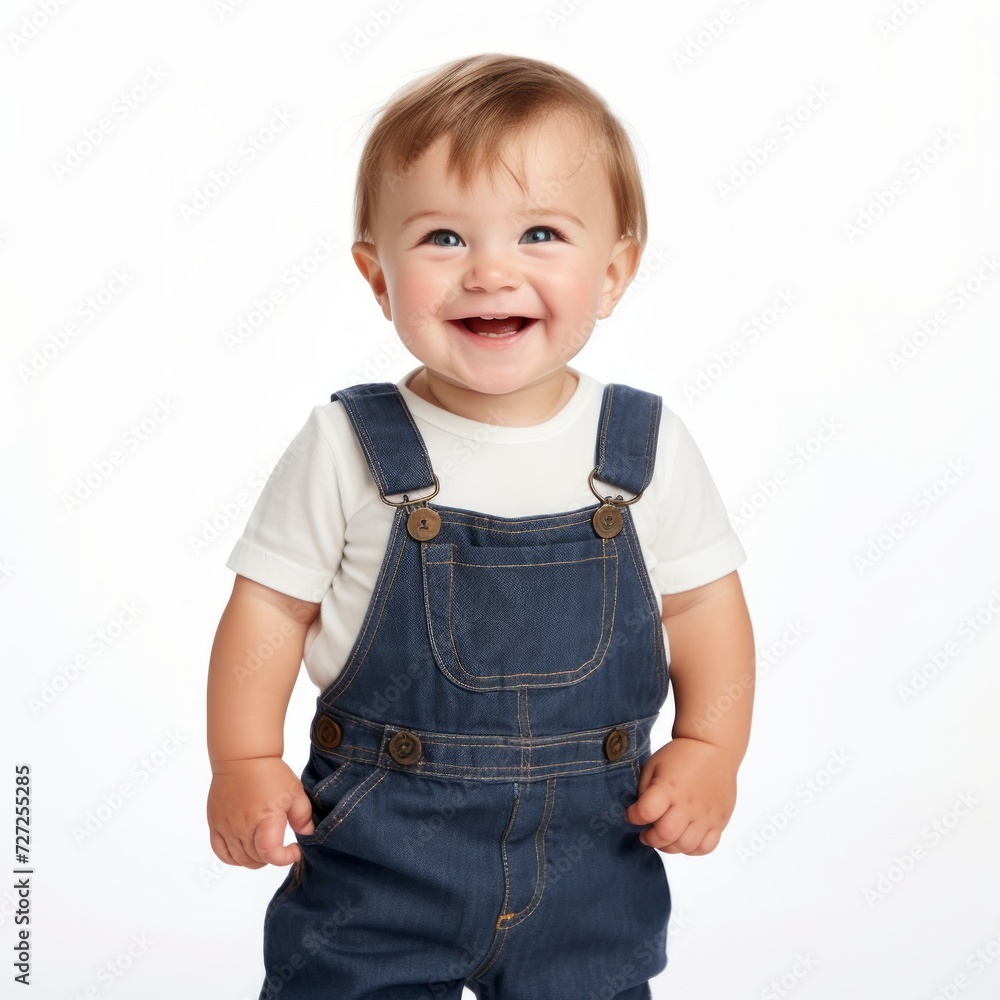 Poster Stock image of a toddler in overalls against a plain white background Generative AI