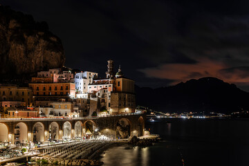 night panorama of the historic center of Atrani, a small seaside village on the Amalfi coast