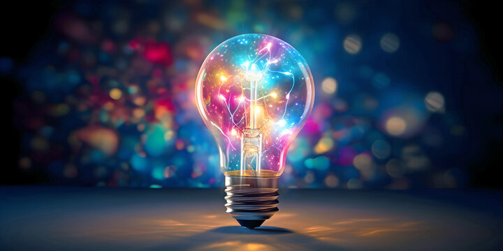 That EUREKA lightbulb glimmer of a genius idea moment concept - a bright neon coloured old fashioned lightbulb with coloured background and copy space
