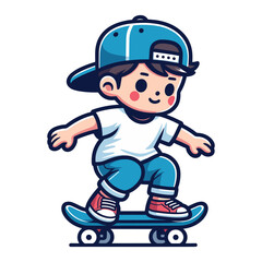 happy cute little kid boy playing skateboard vector illustration, boy skater design template isolated on white background