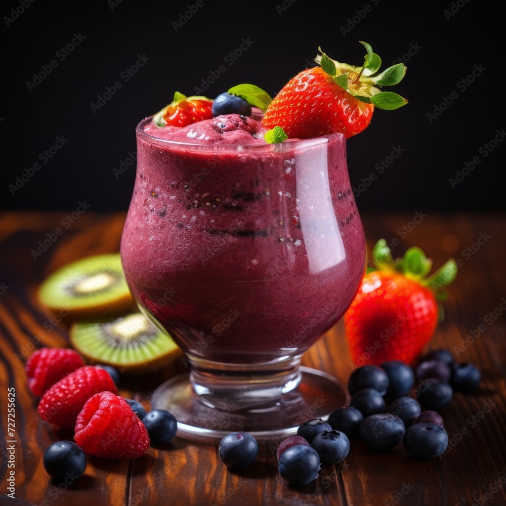 Poster stock image of acai smoothie served in a glass with fresh fruit garnish, nutritious and energizing d