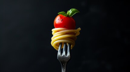 a fork with spaghetti and tomatoes.