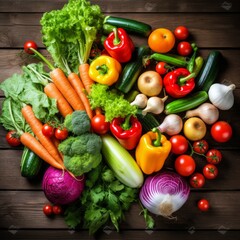 Stock image of fresh organic vegetables arranged on a wooden surface, colorful and healthy produce Generative AI