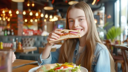 Happy preteen eating chicken sandwich in restaurant with blurred background and copy space for text