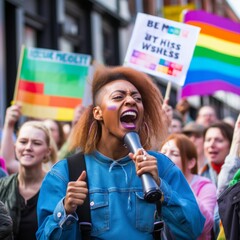 Obraz premium Stock image of LGBTQ rights activists rallying for equality and diversity, raising awareness Generative AI