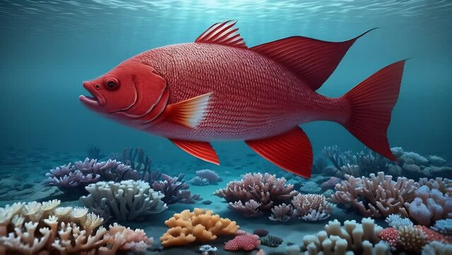 beautiful bright red tropical fish in clear ocean water among coral reefs. underwater world.