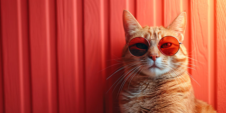 Stylish Cat in Sunglasses: A Portrait of a Cool Feline Against a Vibrant Red Background Perfect for Pet Lovers and Fashion Enthusiasts