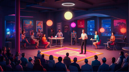 Live comedian performing stand-up monologue on a stage VR comedy club in metaverse, 3d event