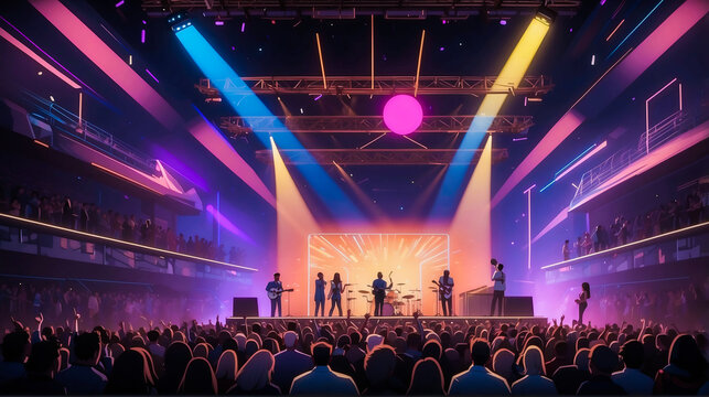 Online music band performing a concert show on a stage in the metaverse, party avatars 3d event