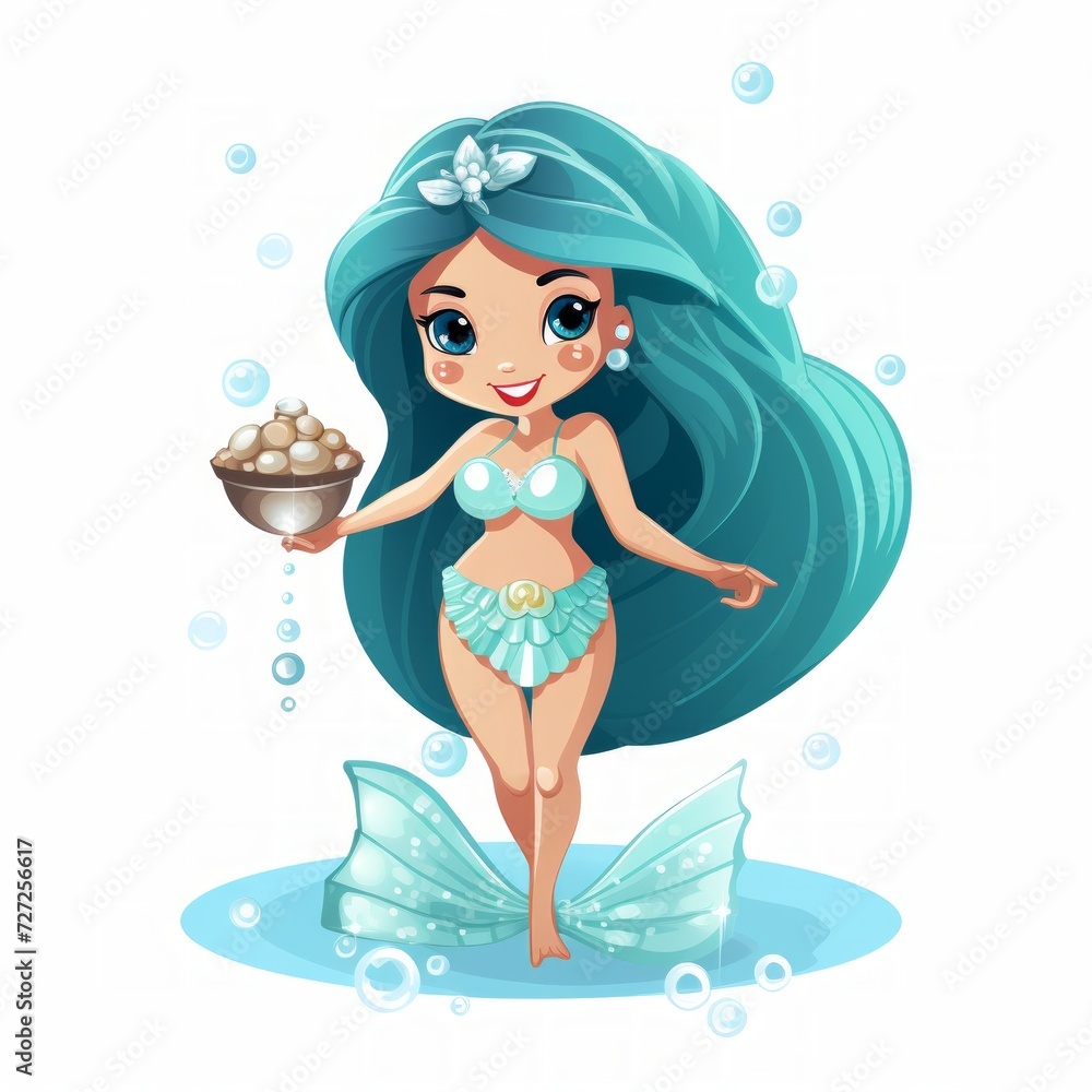 Poster a pint-sized mermaid with a sparkling tail and seashell accessories, holding a pearl. generative ai