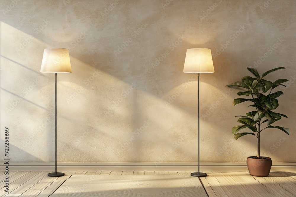 Wall mural rustic wall decor: three illuminated lamps in beige room