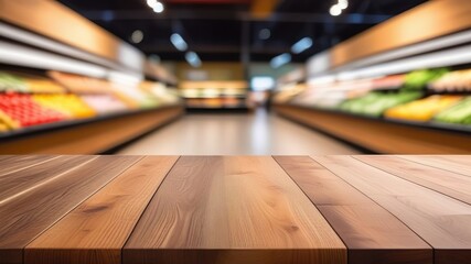 Fototapeta premium Empty wooden table top with blur grocery store background. Generated AI