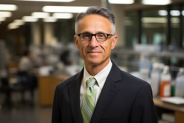 Fototapeta premium A gray-haired man in glasses and a suit looks at the camera against the background of an office