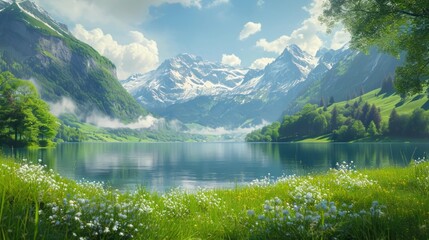 Swiss mountainous terrain with a serene lakeshore, verdant meadows extending to the water's edge, lush green grass, and a realistic alpine scen Generative AI