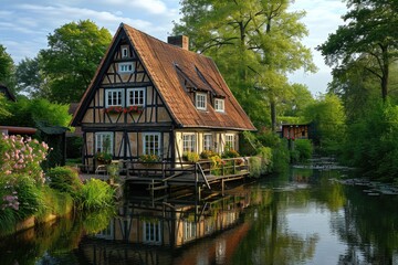 Fototapeta na wymiar Quaint Half-Timbered House Along Spreewald Canal: A Picturesque Gem in Brandenburg's Environmental Reserve
