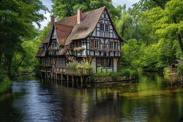 Fototapeta na wymiar Quaint Half-Timbered House on Spreewald Canal: German Architecture & Nature