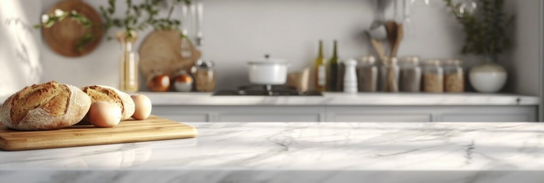 Luxurious 3D Rendered White Marble Kitchen Countertop with Copy Space and Breakfast Display