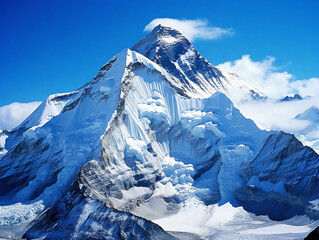 A breathtaking view of Mount Everest, the tallest peak in the world, in the Himalayas.