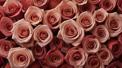Pink roses in a bridal bouquet as a background, top view