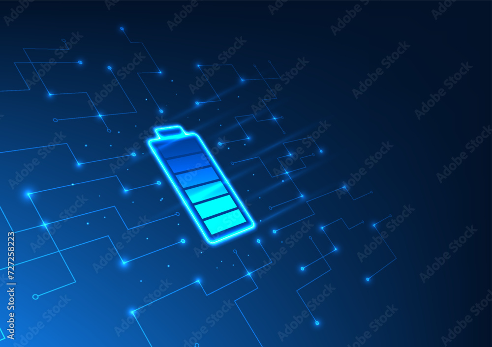 Poster technology battery connected to technology circuit represents the supply of electrical energy into t