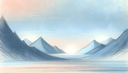 Paysage de montagnes stylisé et calme, dessiné avec des traits de crayon et baignant dans des nuances douces de bleu, rose et orange - obrazy, fototapety, plakaty