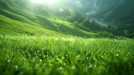 Tranquil Swiss alpine landscape with macro photography of lush green meadows and close-ups of verdant grass blades, capturing the natural beauty of the mountainous terrain Generative AI