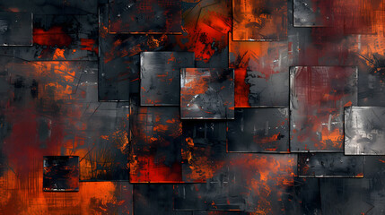 Abstract Painting of Red and Black Squares