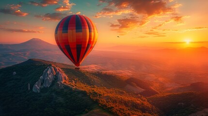 Turkish mountainous landscape with a majestic hot air balloon soaring amidst the setting sun's golden glow, casting vibrant hues over the peaks Generative AI