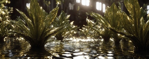 there are some plants that are in the water in the sun