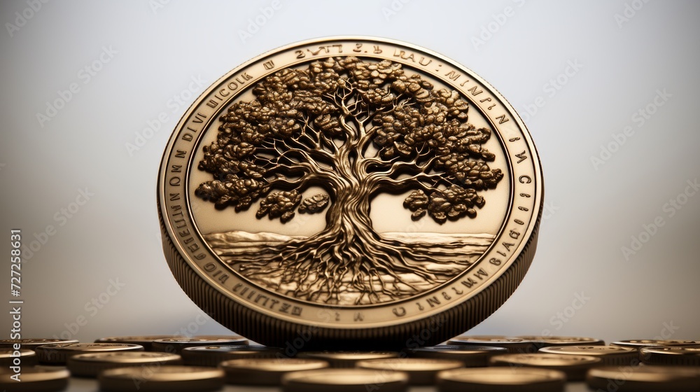 Poster ancient fictional coin with big tree Generative AI