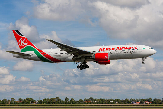 Vijfhuizen, Netherlands - August 19, 2010: Kenya Airways 777-200 with registration 5Y-KYZ on short final for runway 18R (Polderbaan) of Amsterdam Airport Schiphol
