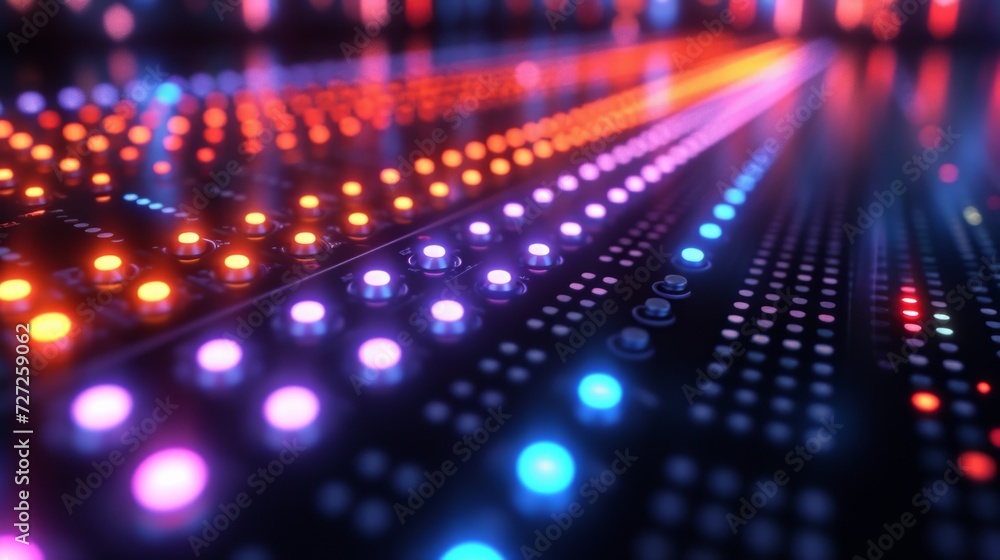 Poster vibrant equalizer panel with a multitude of pulsating led lights, visually representing sound freque