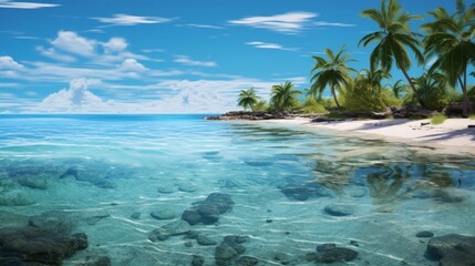 Fototapeta na wymiar A serene beach with palm trees and crystal-clear waters Land Art Generative AI