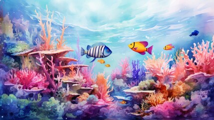 Fototapeta na wymiar Vibrant coral reefs teeming with marine life. aquarelle Generative AI