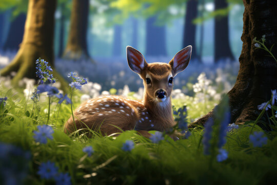 Nature's Serenity: A Graceful Deer Doe Resting in a Beautiful Meadow