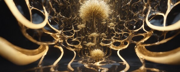 there is a vase with a plant in it that is gold