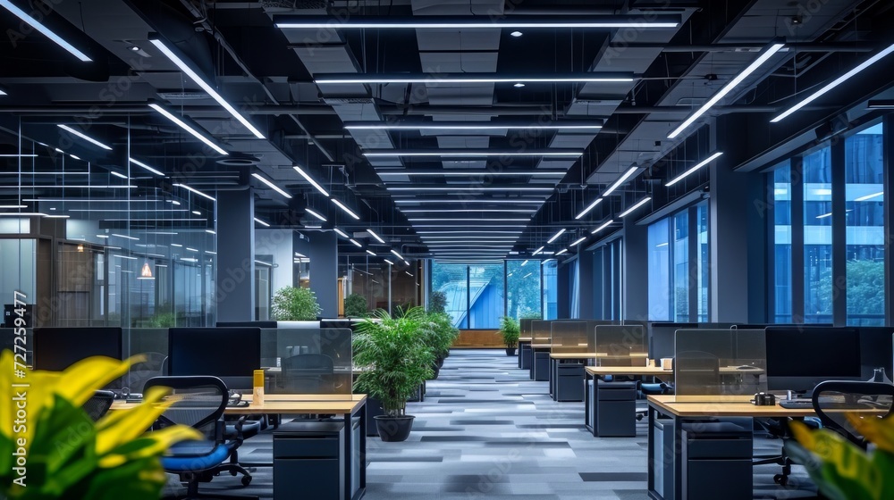 Leinwandbilder Well-lit office environment with rows of overhead LED bulbs, providing ample lighting for a focused and efficient workplace setting Generative AI