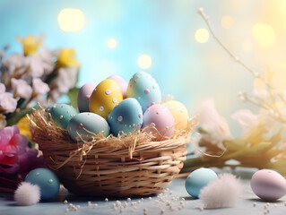 Fototapeta na wymiar Easter basket with colorful eggs