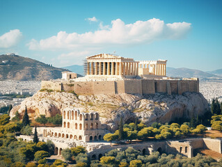 The majestic ruins of the iconic Acropolis in Athens, Greece, standing tall against a clear sky.